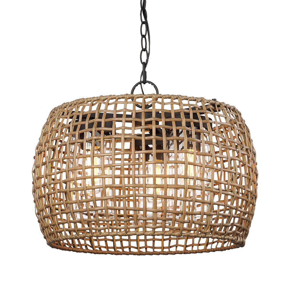Golden Lighting 1067-O3P NB-MAW Piper 3 Light Pendant - Outdoor in Natural Black with Maple All-Weather Wicker Shade